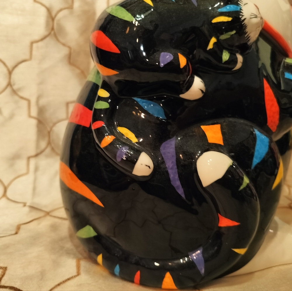 Vintage CKAO Black Cat With Multi Color Strip Ceramic Cookie Jar - Picture 4 of 13